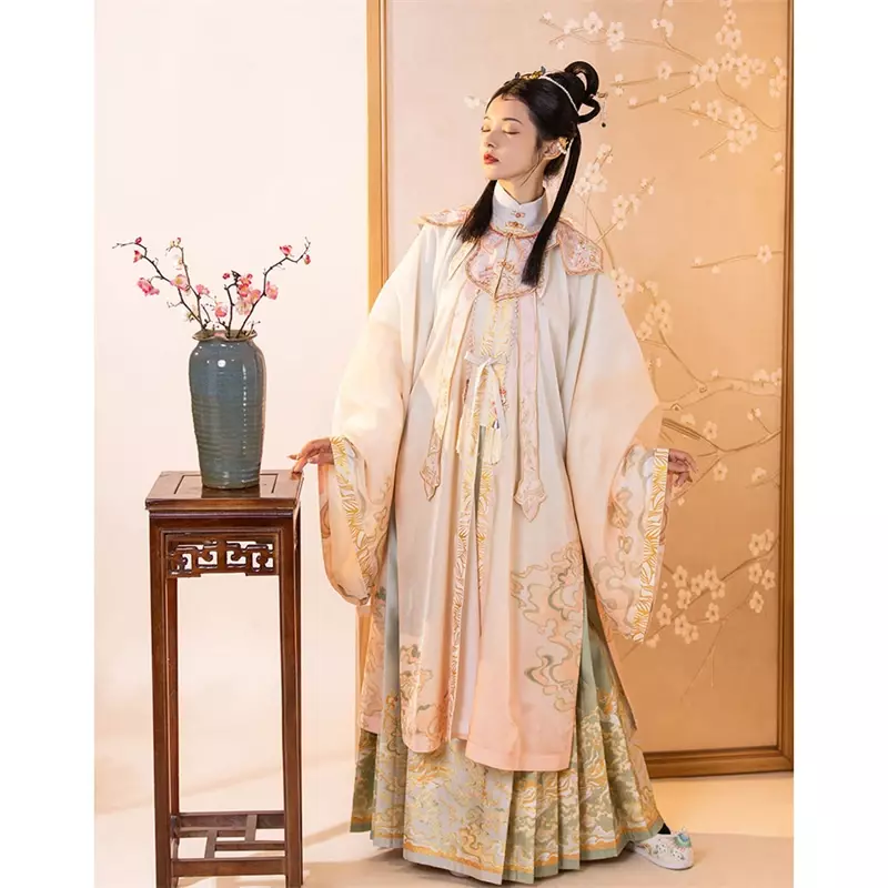 HanTang Chinese Traditional Ming Dynasty Hanfu Women’s Stand Collar Black Long Robe Cloud Shoulder Horse Face Skirt Full Set