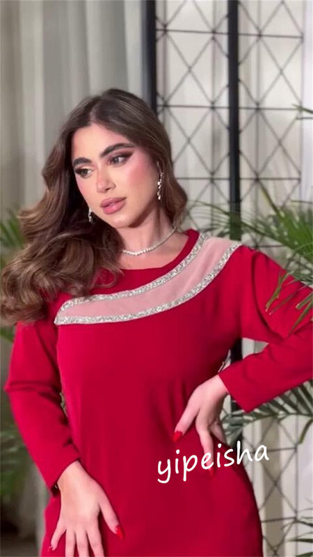 Gaun Prom Arab Saudi Jersey berlian imitasi Prom A-line O-Neck Bespoke gaun acara gaun Midi