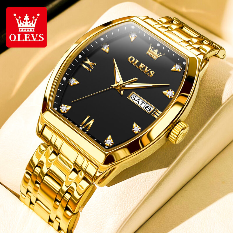 OLEVS-reloj analógico de acero inoxidable para hombre, accesorio de pulsera de cuarzo resistente al agua con esfera Tonneau dorada, complemento Masculino de marca de lujo con diseño moderno