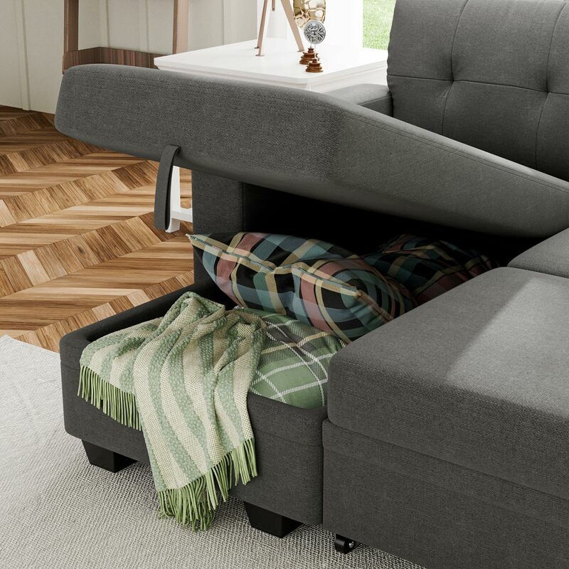 Sofá-cama reversível conversível, sofá-cama com espreguiçadeira, móveis de linho para o quarto, cinza escuro, 1 conjunto