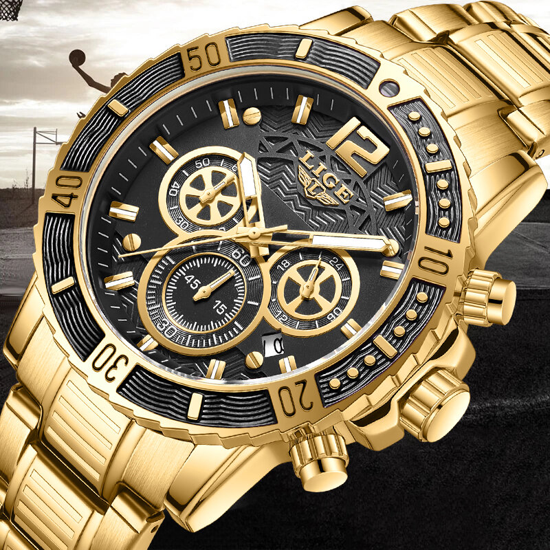 LIGE 2023 남성용 골드 시계, 캐쥬얼 비즈니스 시계, 탑 브랜드 럭셔리 크로노그래프 쿼츠 밀리터리 손목시계, 새로운 패션