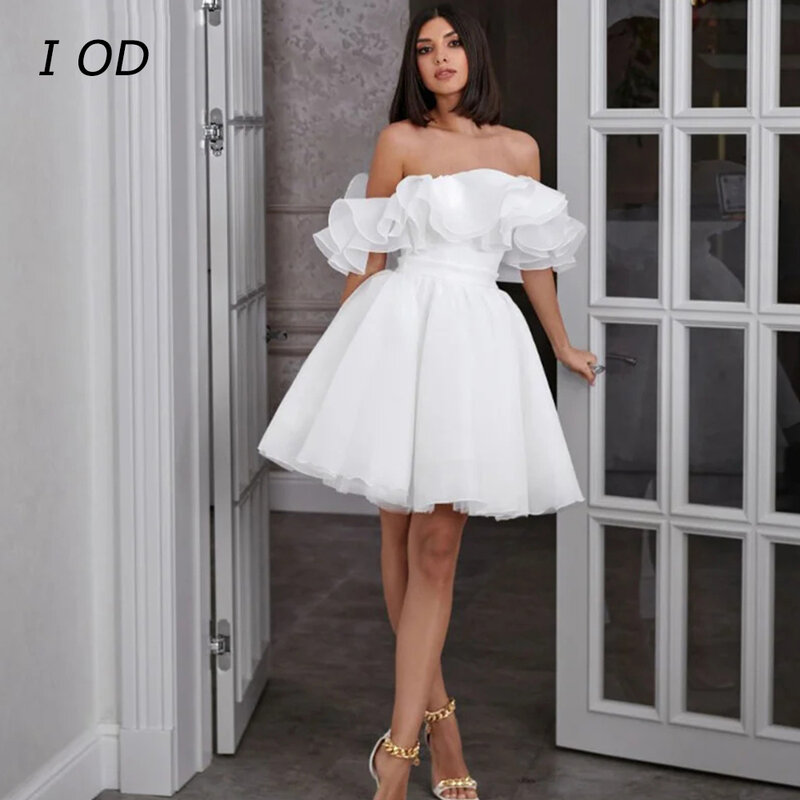I OD gaun pernikahan pendek bahu terbuka dengan penutup pinggang dan gaun pengantin wanita punggung terbuka