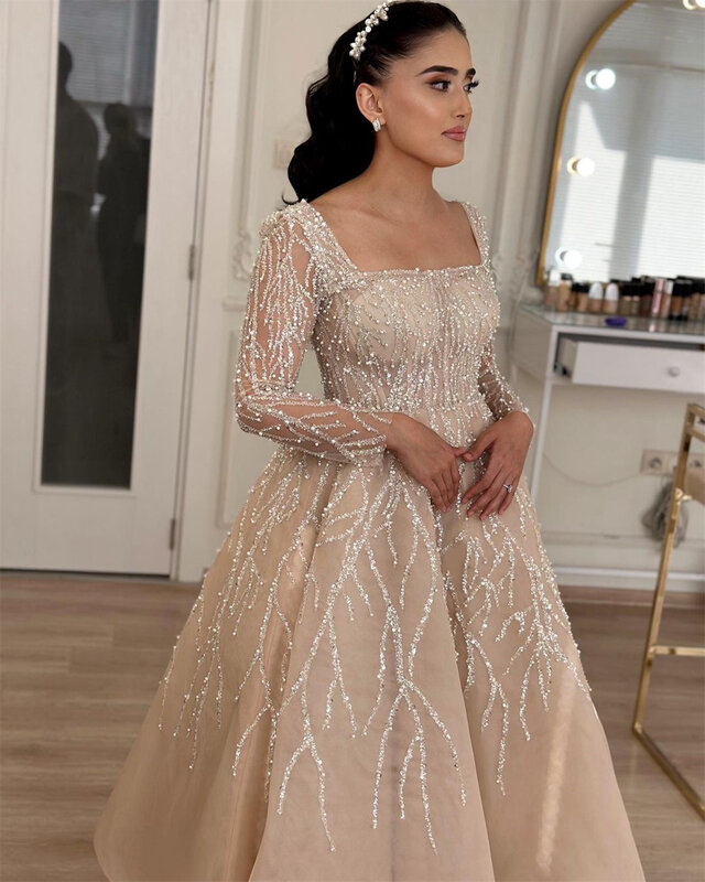 Sansa Gliiter Sequins Long Sleeve فساتين السهرة Champagne Square Neck Ball Gown Prom Dress Exquisite A-line Vestidos De Noche