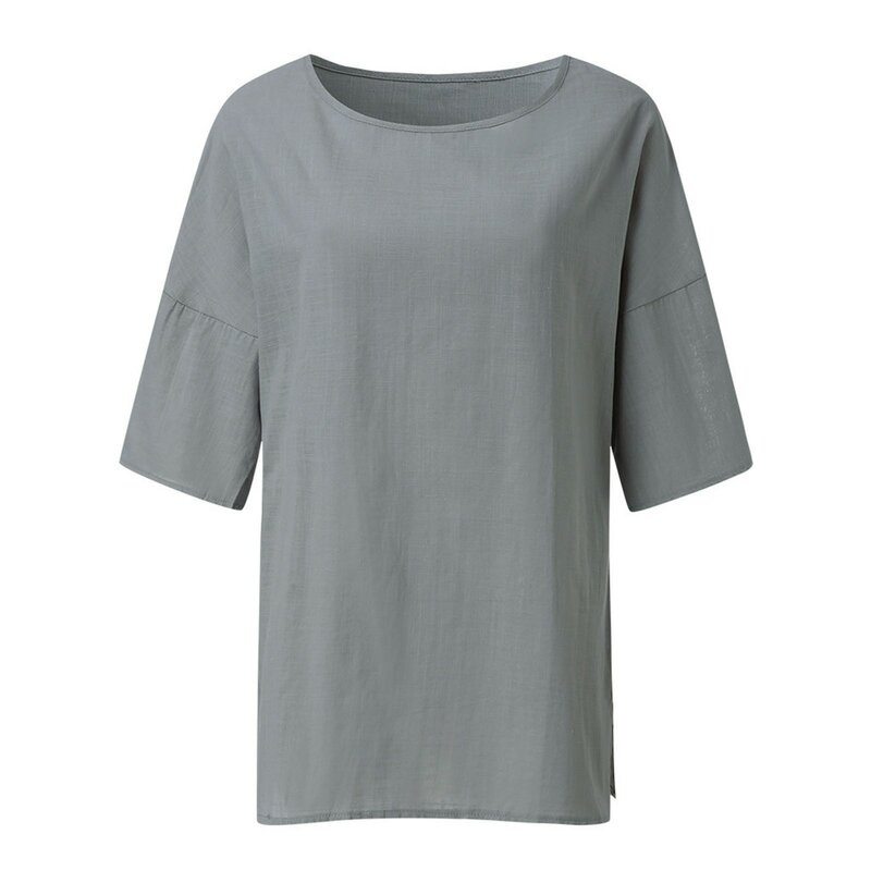 Camisa de algodão e linho feminina, gola redonda, blusas soltas, tops casuais, moda simplicidade, verão, manga 3 de 4
