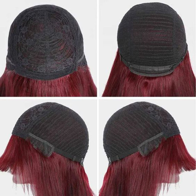 99J rambut manusia ditarik ganda Wig dengan poni Burgundy kepadatan tinggi Wig BOB mesin Frings dibuat Wig BOB untuk wanita 8-20 inci 210%