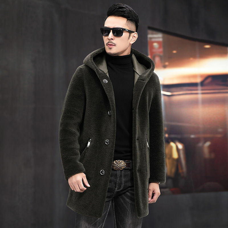 2022 outono inverno dos homens da moda pele real outwear sólida masculino com capuz ovelhas corte jaquetas de pele de cordeiro natural casacos quentes o21