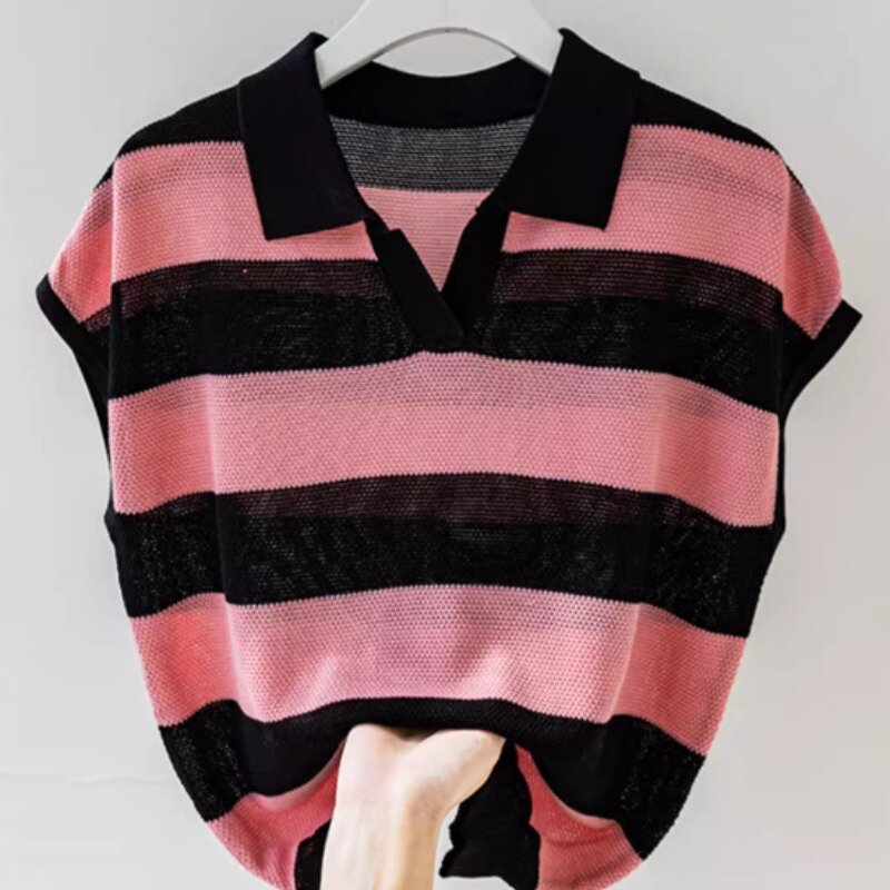 Summer New Fashion Casual Contrast Color Spliced V-neck Striped Loose Sleeveless All-match Knitted T-shirt Women's Clothing Tops
