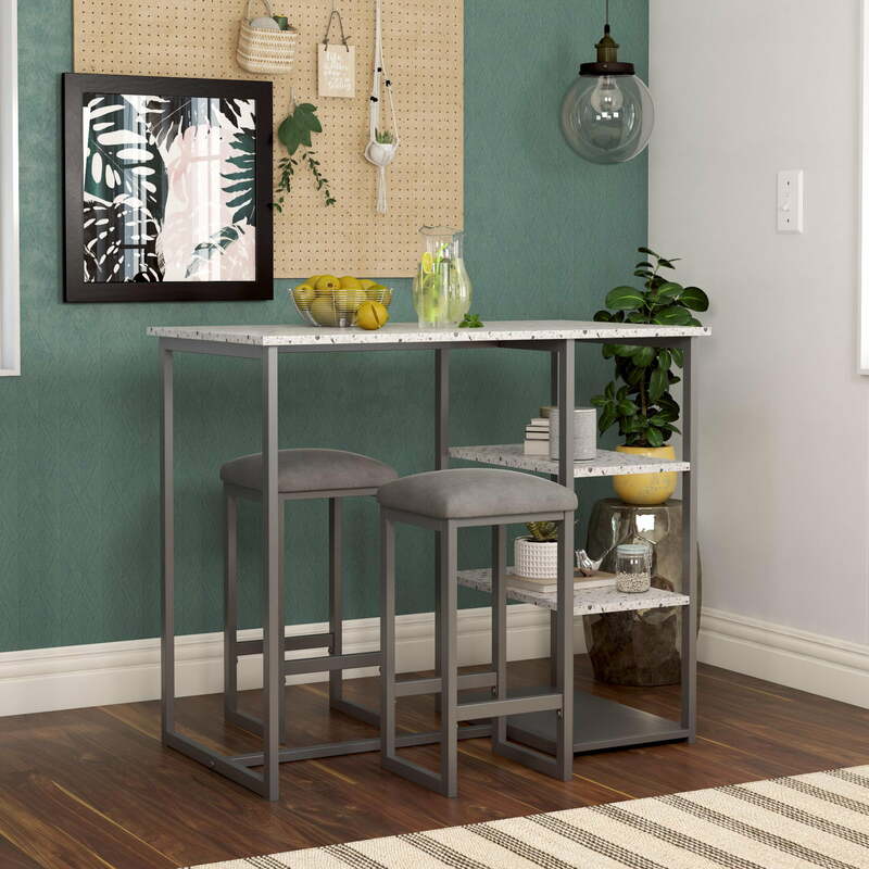 3-Piece Pub Bar Table Set Faux Terrazzo Top Kitchen Dining Cocktail Table, Gray Metal/Gray Seat