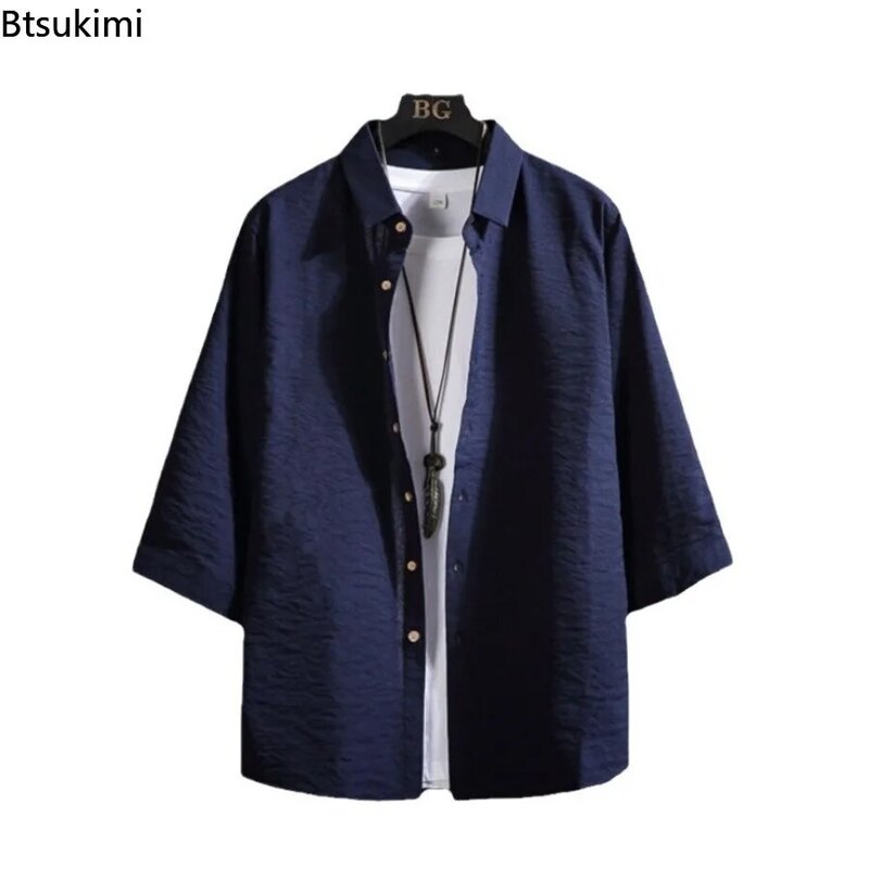 Рубашка мужская свободного покроя, модный простой однотонный кардиган с лацканами, дышащая универсальная блуза из хлопка и льна, большие размеры 7XL