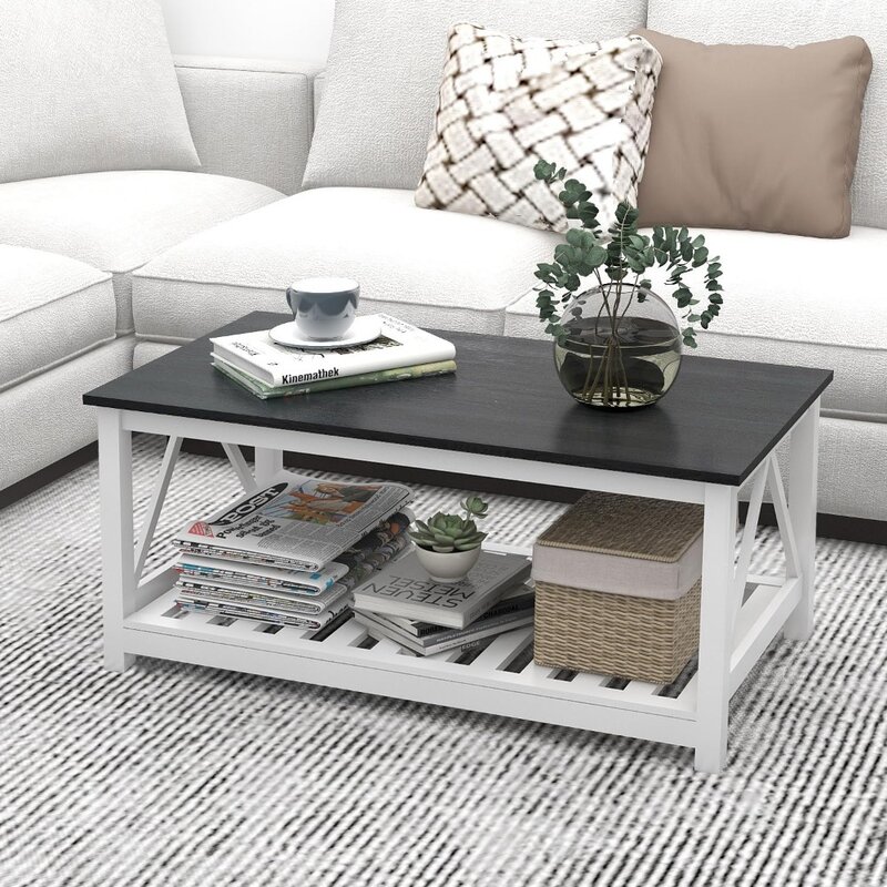 Farmhouse Coffee Table for Living Room, 2-Tier Rectangular Wooden Centre Cocktail Table