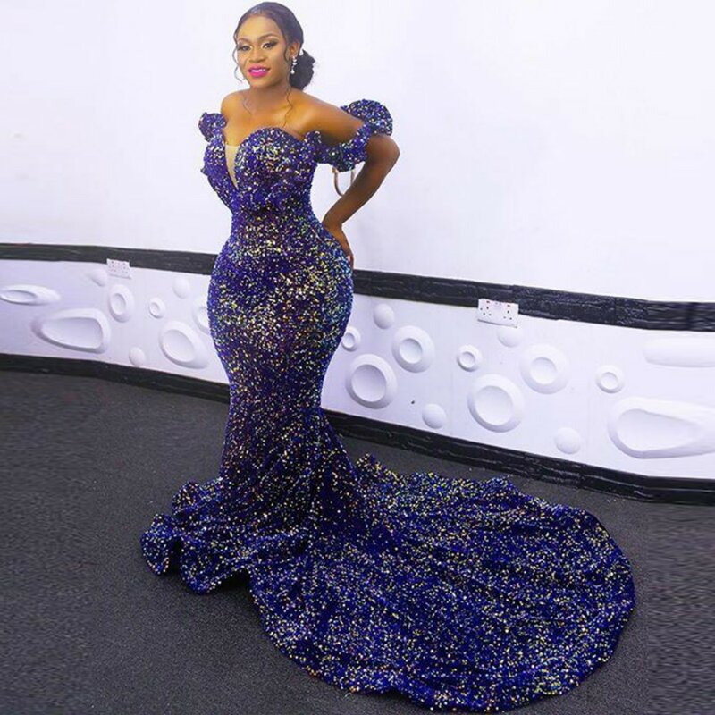 Sparkly Blue Sequin Prom Dresses Aso Ebi Plus Size Off The Shoulder Mermaid Evening Gowns African Formal Party Dress 2023 New