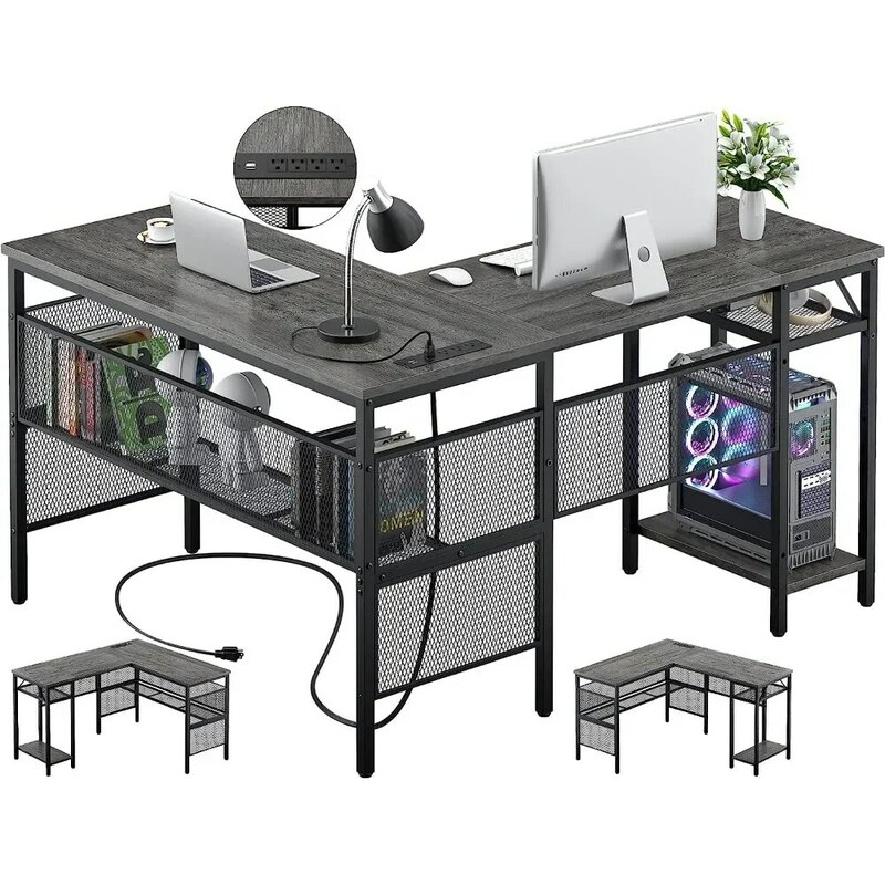 Unikito-Bureau d'ordinateur en forme de L avec port de chargement USB et prise de courant, bureau d'angle réversible avec étagères de rangement, chêne noir