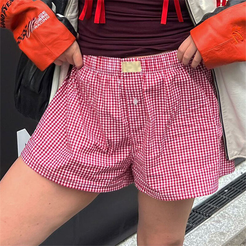 Shorts de pijama Y2K feminino, shorts xadrez Harajuku Vintage Button Lounge, boxer guingão, pijama verificado, shorts para sair
