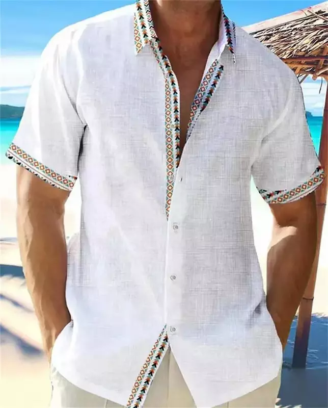 2023 New Fashion Men's Hawaii Beach Solid Linen Short Sleeve Shirt Men's High Quality Street Men's Designer Top Summer