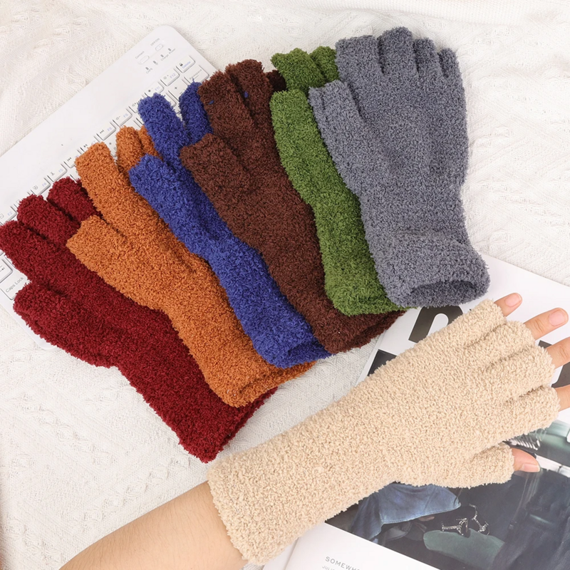 1Pair Half Finger Fingerless Gloves Men's And Women's Winter Warm Solid Color Knitted Half-finger Velvet Plush Outdoor Mittens