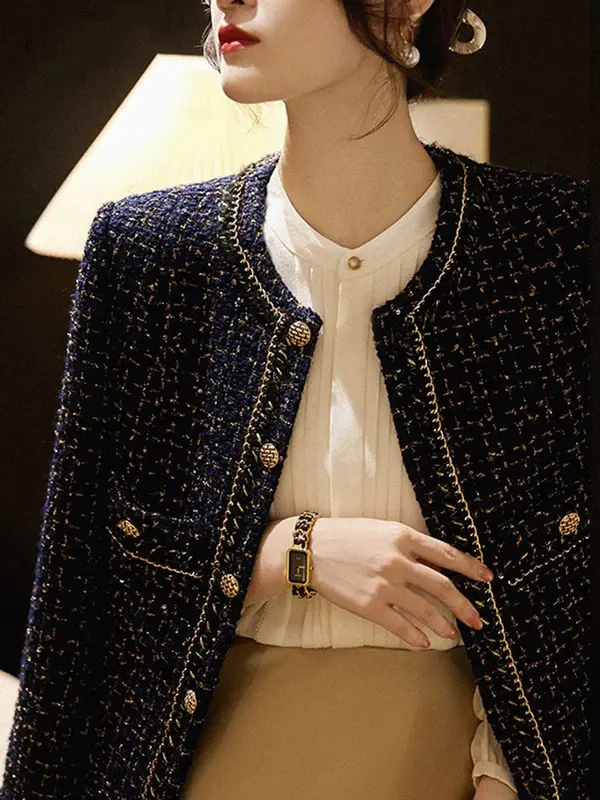 여성용 긴팔 포켓 아우터, 우아한 O넥 크롭 재킷, 올매치 트위드 코트, 한국 패션, 용수철 및 가을