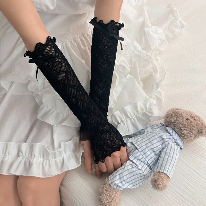 Кружевные перчатки без пальцев, кавайные кружевные перчатки с оборками и бантом, ажурные сетчатые защитные перчатки для девочек