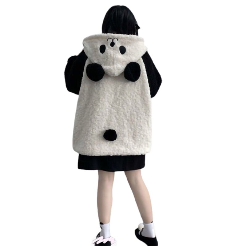 2024 새로운 여성 겨울 가짜 양털 후드 자켓 하라주쿠 카와이 만화 팬더 귀 긴 소매 스웨터 오버 사이즈 버튼