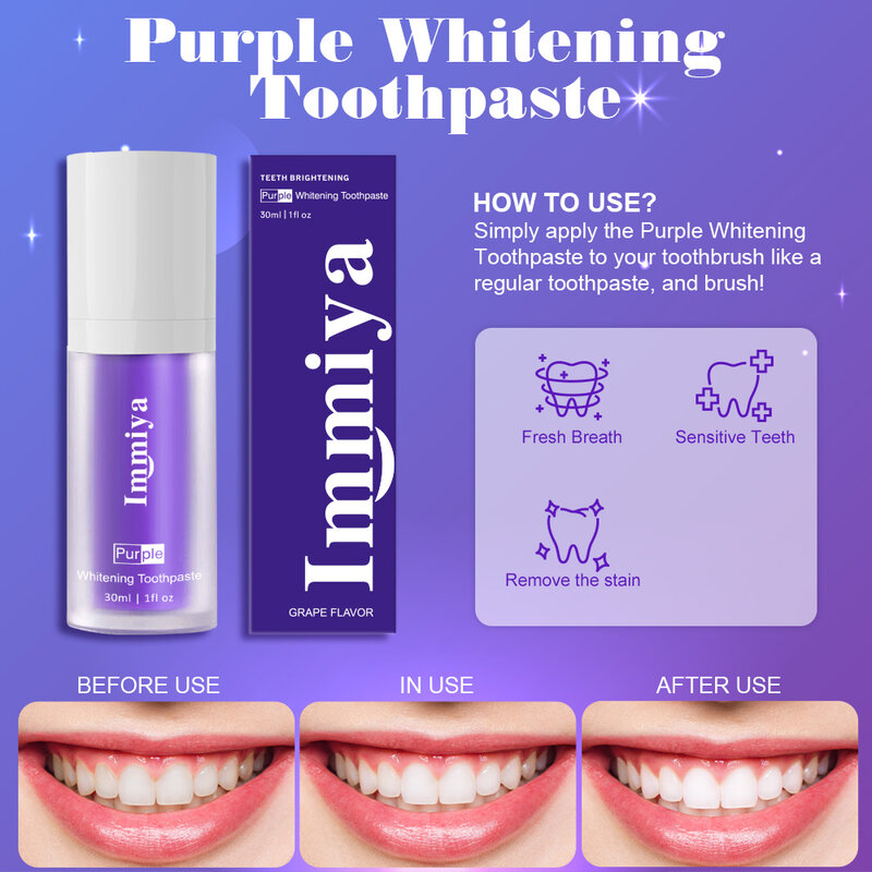 30ml Purple Whitening Toothpaste Correction Whitener Teeth Purple Non-invasive Whitening Reduce Yellowing Tooth Care
