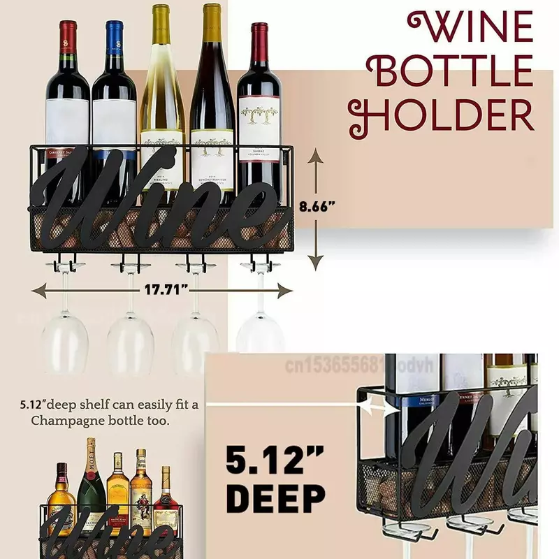 Wall Mounted Iron Wine Rack 4 Hooks Wine Glass Holders Metal Wine Rack Bottle Champagne Shelf with Extra Cork Tray