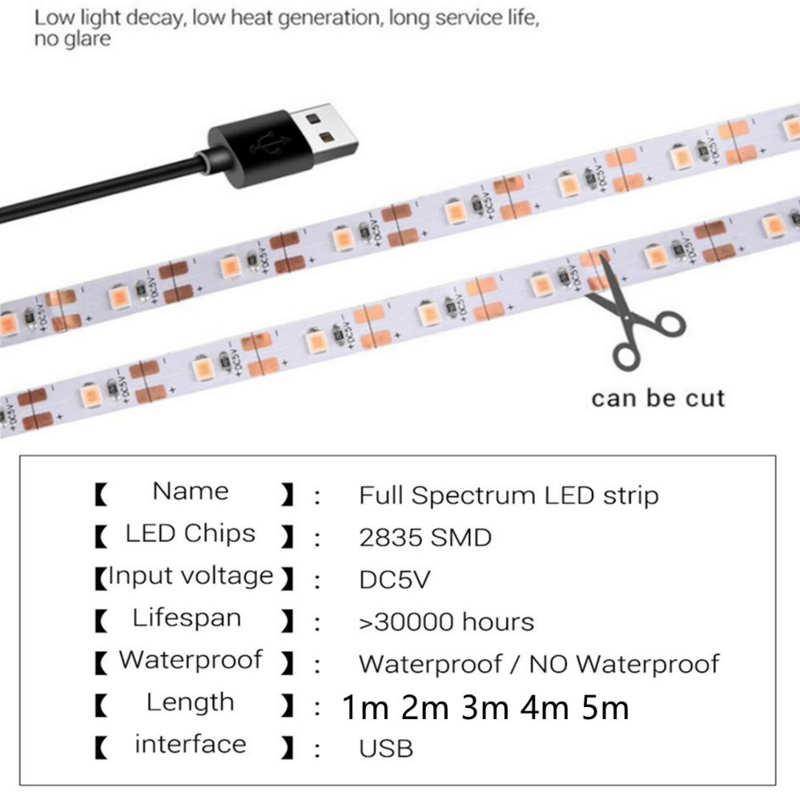 Luz LED USB de espectro completo para cultivo de plantas, lámpara Phyto de espectro completo de 1-5m, 5V CC
