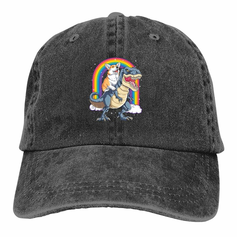 Topi bisbol pria yang dicuci topi Snapback Trucker anjing pelangi T Rex dinosaurus berkendara Corgi topi ayah topi anjing Golf