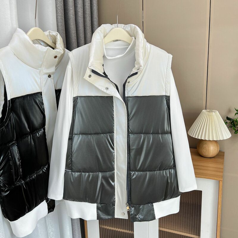 여성용 플러스 사이즈 파카 겨울 캐주얼 의류, 반짝이는 블록 색상, 두껍고 따뜻한 패딩 재킷, 스탠드 칼라, 민소매 조끼, 패션
