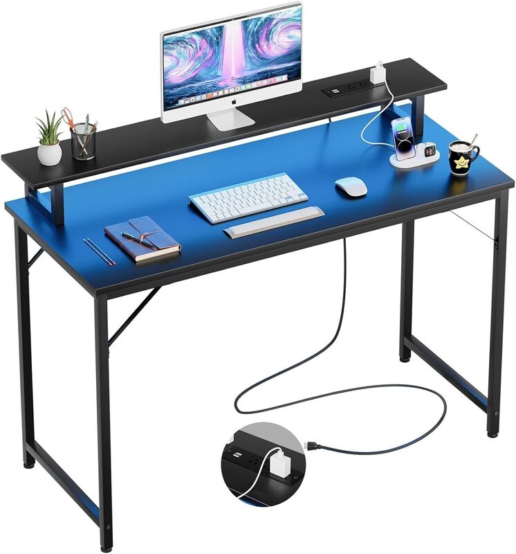 Escritorio para ordenador de 55 pulgadas con tomas de corriente, escritorio para juegos con luces LED, oficina en casa