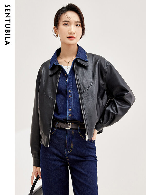 SENTUBILA jaket crop kulit Pu wanita, jaket Bomber kulit imitasi kerah Lapel 2023 warna hitam, pakaian luar musim gugur dan dingin
