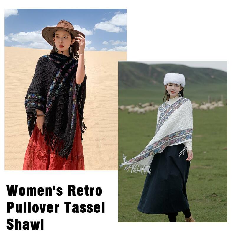 Pullover retrò da donna scialle nappa cappotto nappa stile etnico retrò indossare mantello lavorato a maglia Yunnan Pullover scialle Outwear Tou F9W5