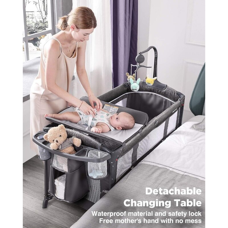 Bedside Crib, Pack and Play with Mattress, Diaper Changer and Playards from Newborn to Toddles, Grey