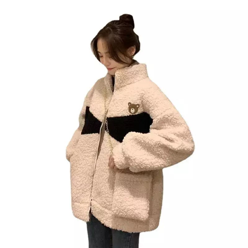 여성용 울 플러시 두꺼운 코튼 코트, 느슨한 스탠드 칼라, 따뜻한 코튼 코트, 2022 겨울 신상