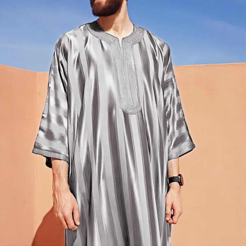 2024 New Men Arab Muslim Fashion Islamic Clothing  Moroccan Kaftan Eid Prayer Long Robes Embroidered Striped Printed Jubba Thobe