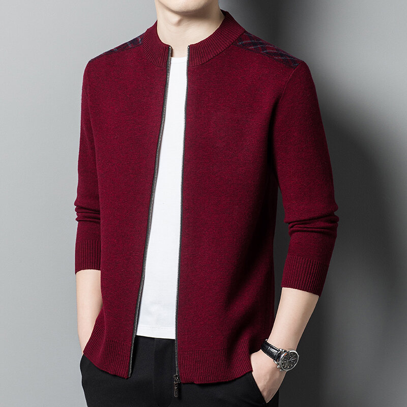 Autumn New Men's Pure Wool Knit Cardigan Solid Color Sweater Coat Stand-up Collar Thin Casual Men's Clothing