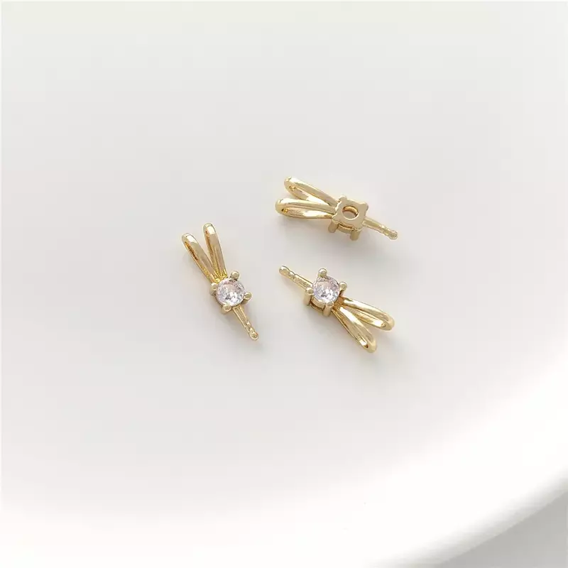 14K Gold Plated Zircon Double Ear Rabbit Style with Needle Sticking Half Hole Pearl Holder Hanging Pearl Holder DIY Accessories
