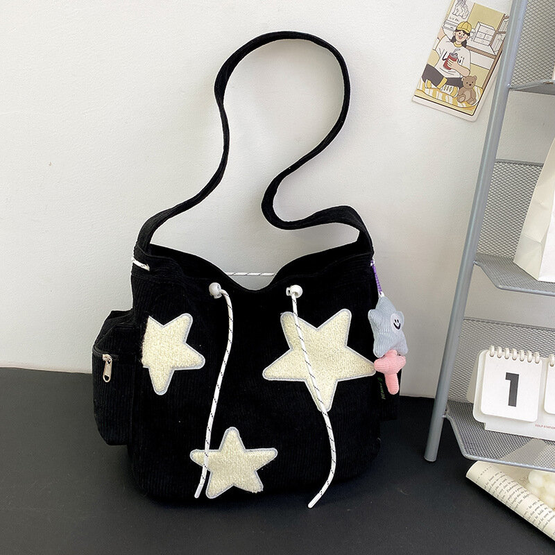 Women Star Pattern Corduroy Crossbody Bag Casual Tote Lady Simple Large Capacity Shoulder Bag Girl Travel School Bookbag Handbag