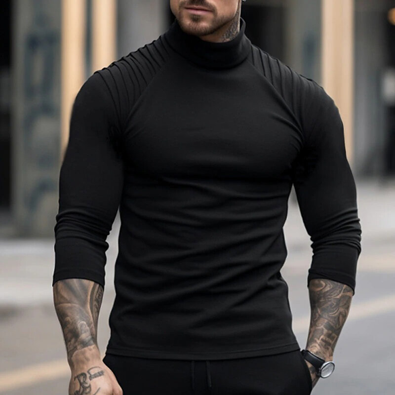Chemical Fiber Blend Men's Casual Funnel High Collar T Shirts  Long Sleeve Fitness Shirts for Men's Daily Wear
