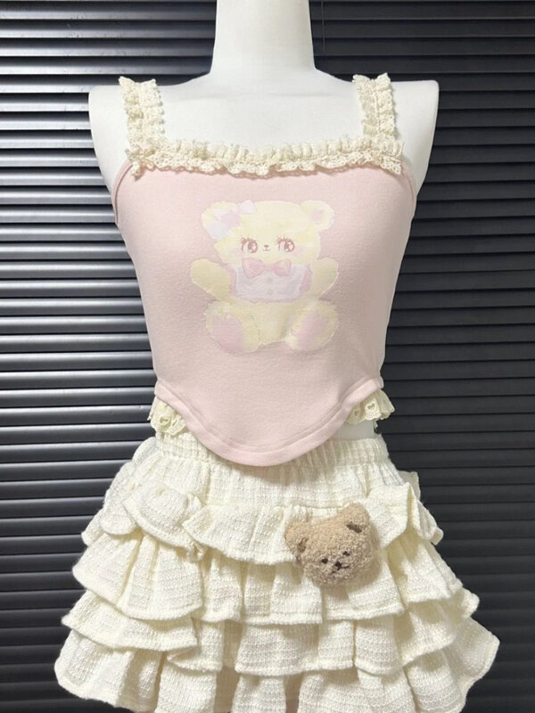 Japoński 3-częściowy zestaw Lolita Kawaii dla kobiet Koronkowa koreańska słodka spódnica Kombinezon dla kobiet Różowa kamizelka z nadrukiem + kardigan z długim rękawem + mini spódniczka