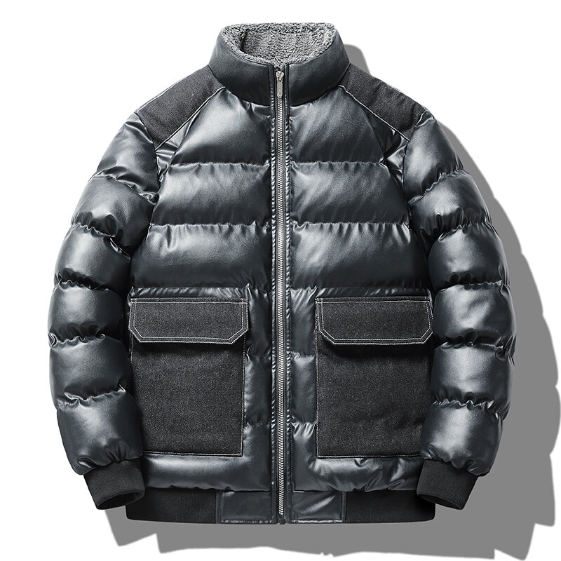 Мужская Утепленная кожаная куртка, черная Повседневная однотонная куртка с воротником-стойкой и большими карманами, теплая куртка на осень и зиму 2019