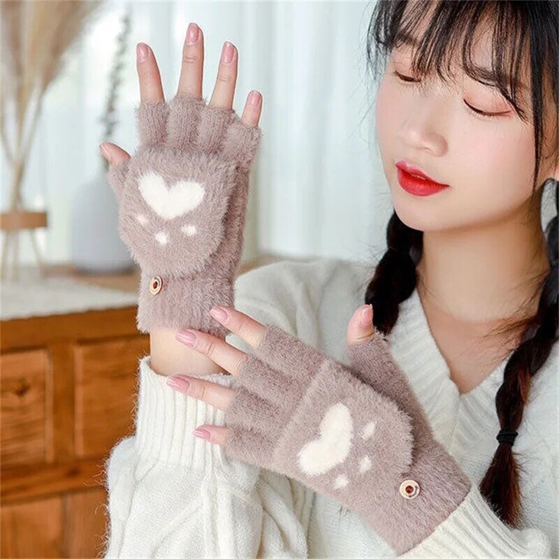 Women Girls Lovely Winter Warm Fingerless Gloves Girls Fluffy Bear Cat Plush Paw Claw Half Finger Gloves Mittens Gifts New 2023