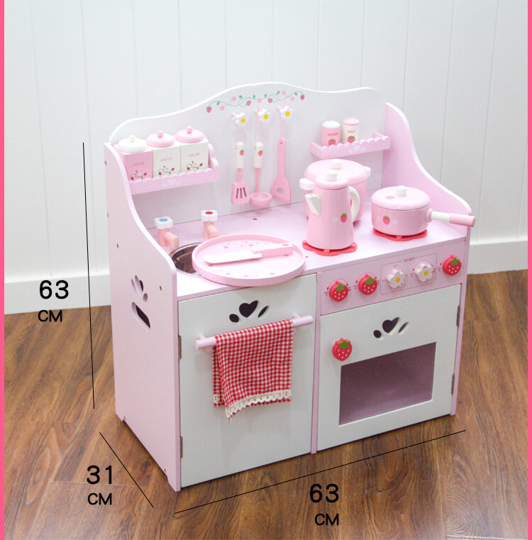 [Grappig] Big Size 63Cm Houten Simulatie Aardbei Schort Keuken Set Kruiden Box Spatel Spelen Huis Speelgoed Voor Meisje Verjaardagscadeau