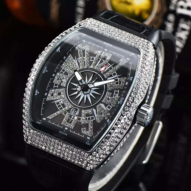 Gorąca wyprzedaż męski luksusowy zegarek diamentowy oblodzony wodoodporny kwarcowy zegarek na rękę niebieski pasek silikonowy na imprezę Casual