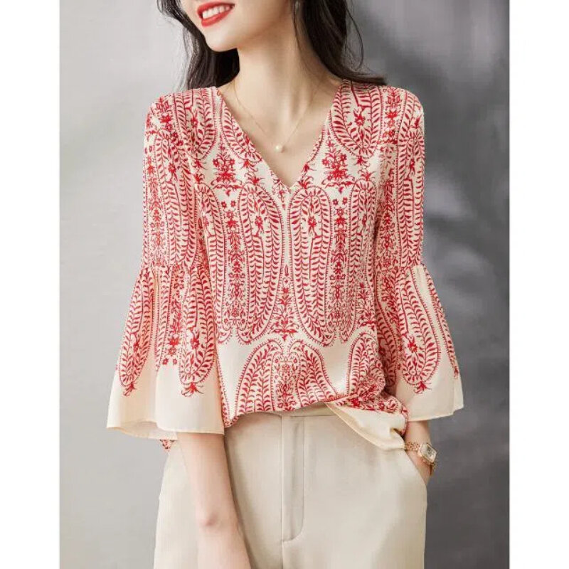 Женская винтажная блузка с принтом, элегантная свободная универсальная блузка с полурукавами и V-образным вырезом, лето
