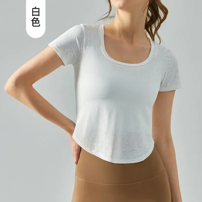 Camisa deportiva ajustada de manga corta para mujer, camisa Jacquard hueca, transpirable, secado rápido, ropa de Yoga