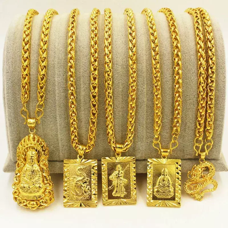 Imitatie 24K 100% Echt Gouden Baas Ketting Mannen Verbena Ketting Met Guanyin Dragon Merk Guan Gong Hanger Puur Gouden Sieraden