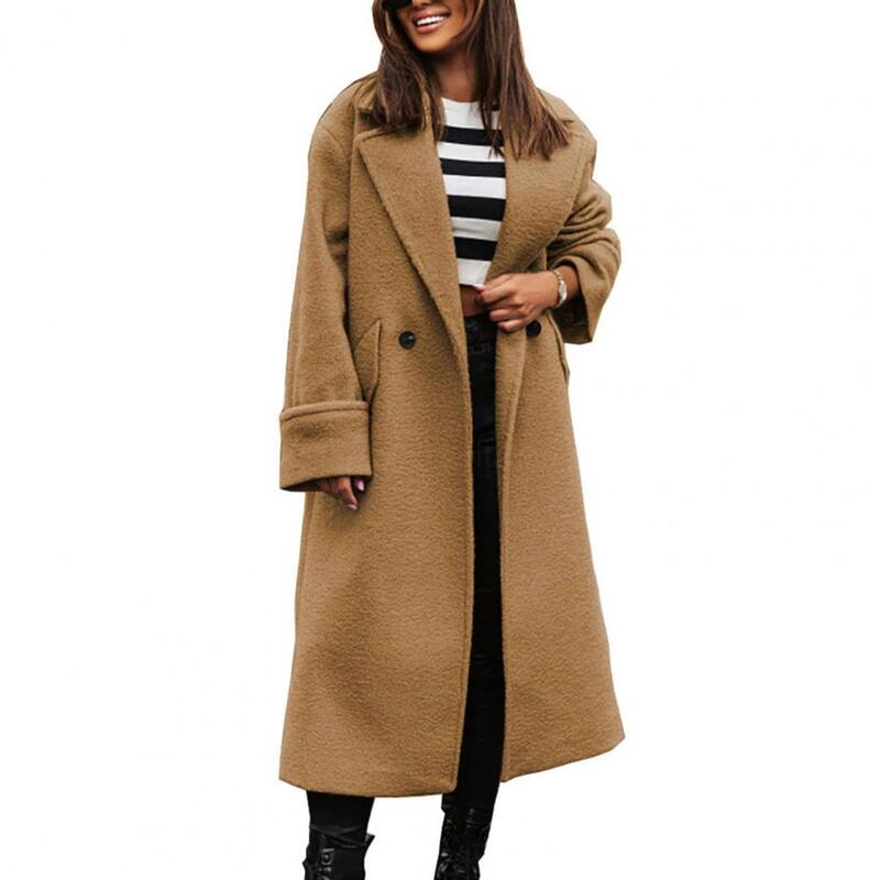Pakaian luar wanita bergaya, mantel panjang longgar kerah hangat dengan saku kancing ganda Ideal untuk musim gugur dan dingin tahan angin