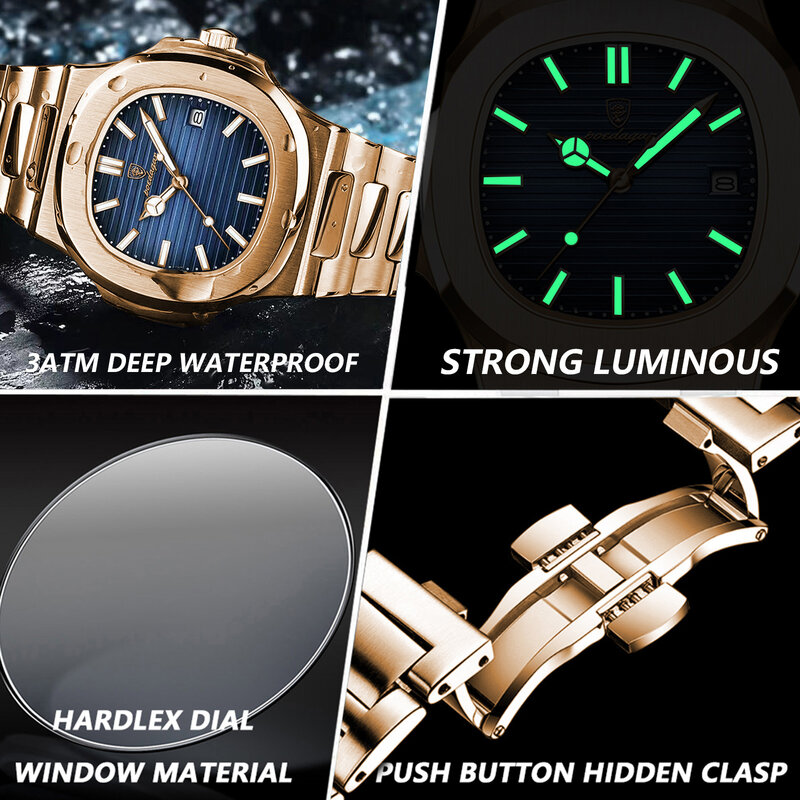 POEDAGAR-Relógio de pulso masculino quartzo em aço inoxidável, relógio de negócios, impermeável, luminoso, data, quadrado, luxo, caixa incluída