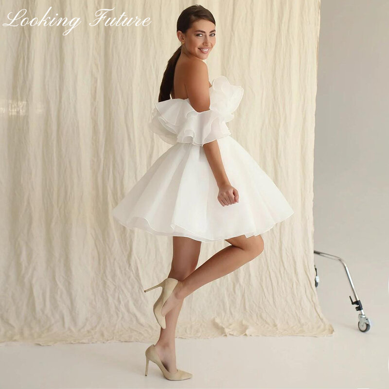 Cywilne krótkie suknie ślubne Boho z ramienia warstwowe falbany puszyste Mini suknie na przyjęcia weselne dla szat panny młodej z Mariage 2024