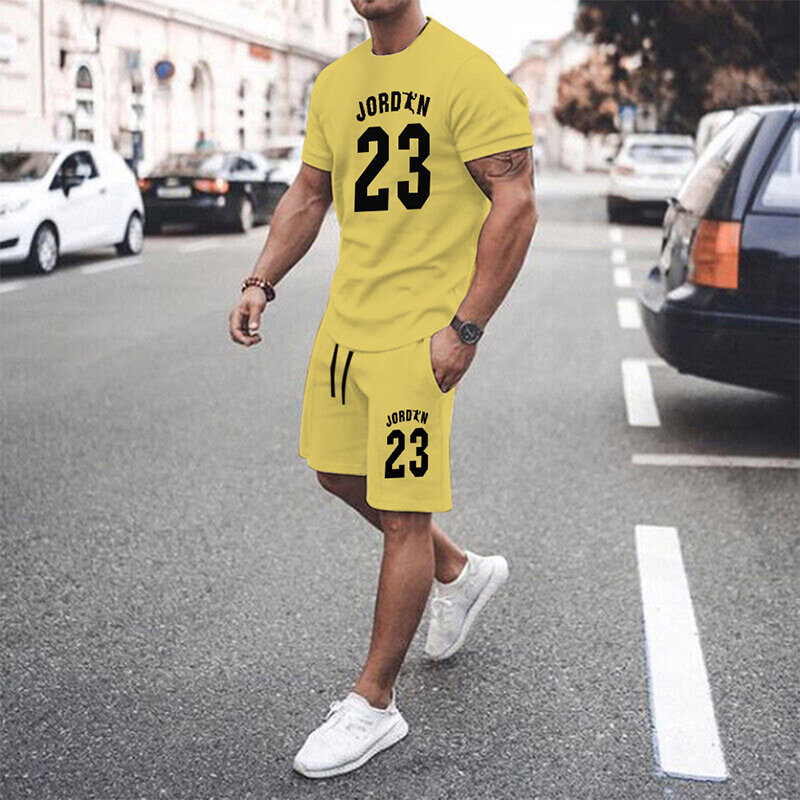 Желтая мужская летняя Сетчатая футболка для баскетбола в стиле хип-хоп, мужские костюмы с 23 принтами, спортивная одежда для отдыха, костюм из двух предметов