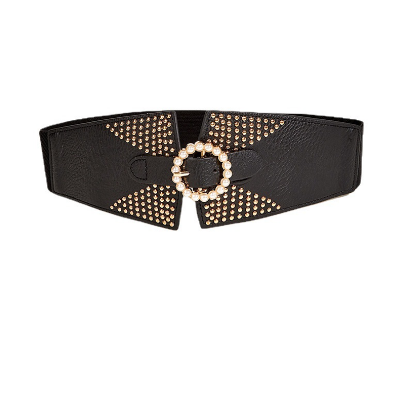 Faja ancha elástica para mujer, cinturón con botón circular de perlas Punk, estilo europeo y americano, a la moda con cintura de subcamisa